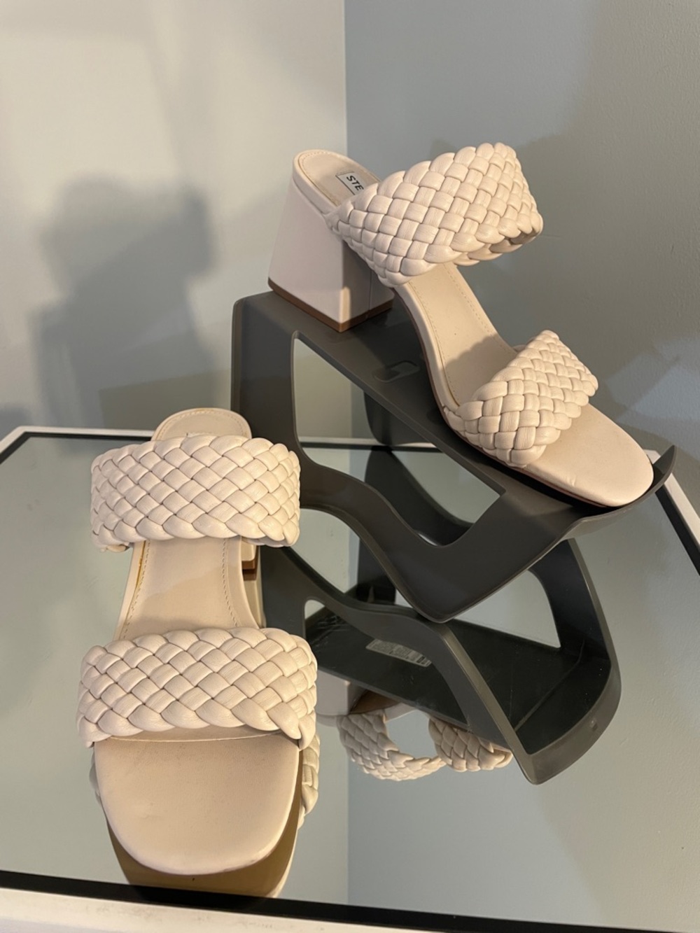 Steve Madden Cream Woven Double-Strap Block Heel Sandals